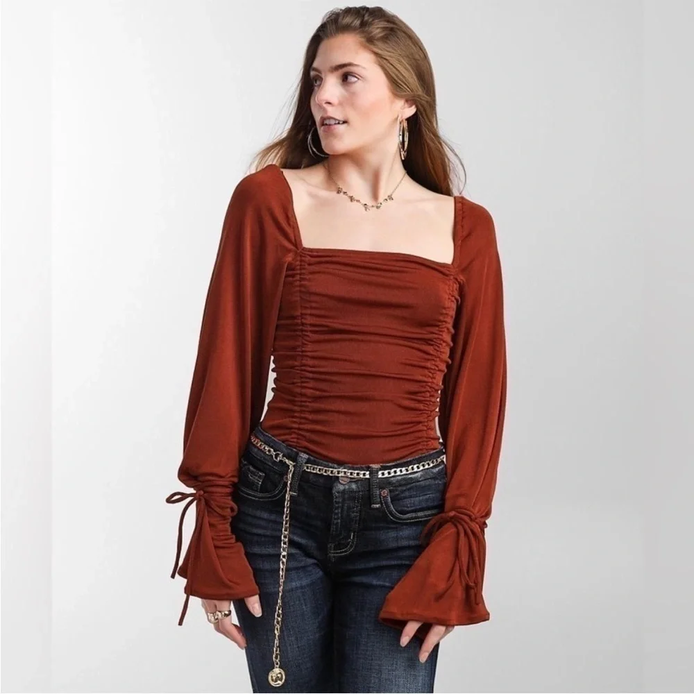 NEW Free People Meant To Be Ruched Bodysuit Cherry Chai Rust Red XL